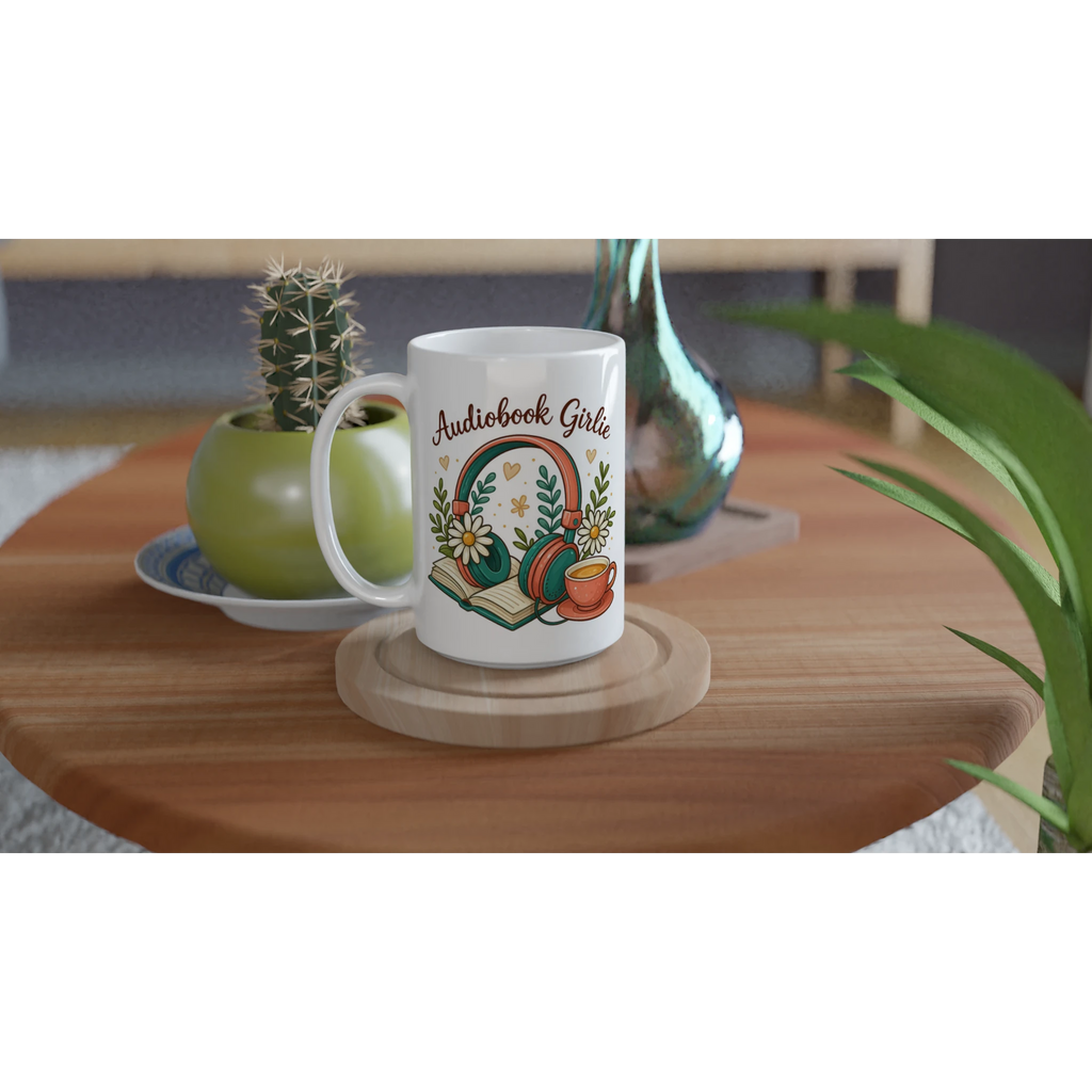 Audiobook Girlie - White 15oz Ceramic Mug 15oz Mug Globally Fulfilled Reading