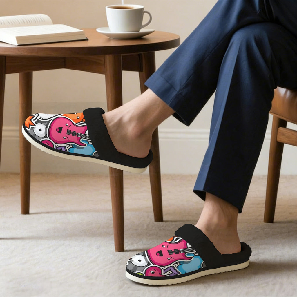 Sticker Music Men's Fur Trim Thick-Sole Indoor Slippers Men's Fur Trimmed Slippers Music Printed Offshore