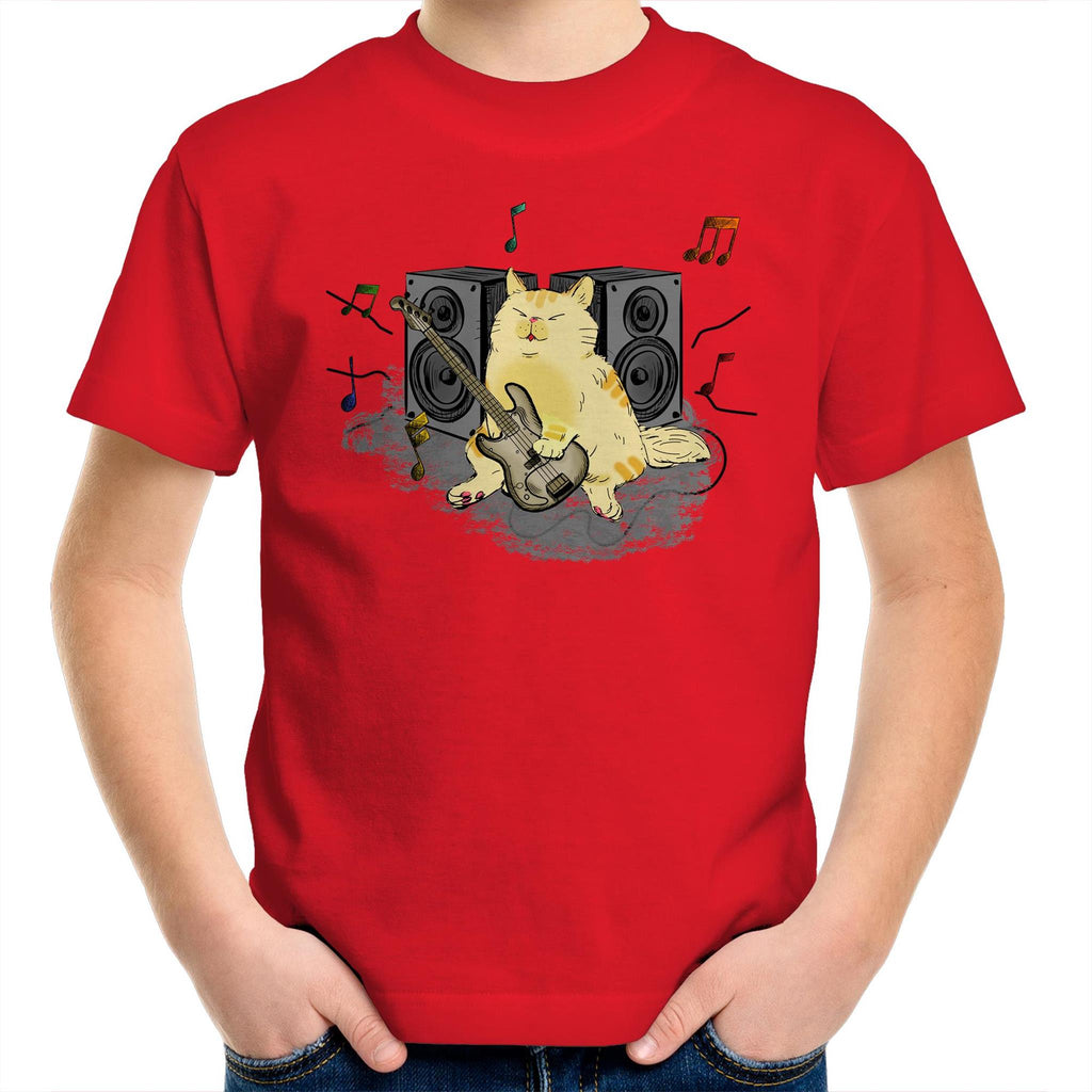 Cat Bass Player - Kids Youth T-Shirt Red Kids Youth T-shirt animal Music Printed In Australia