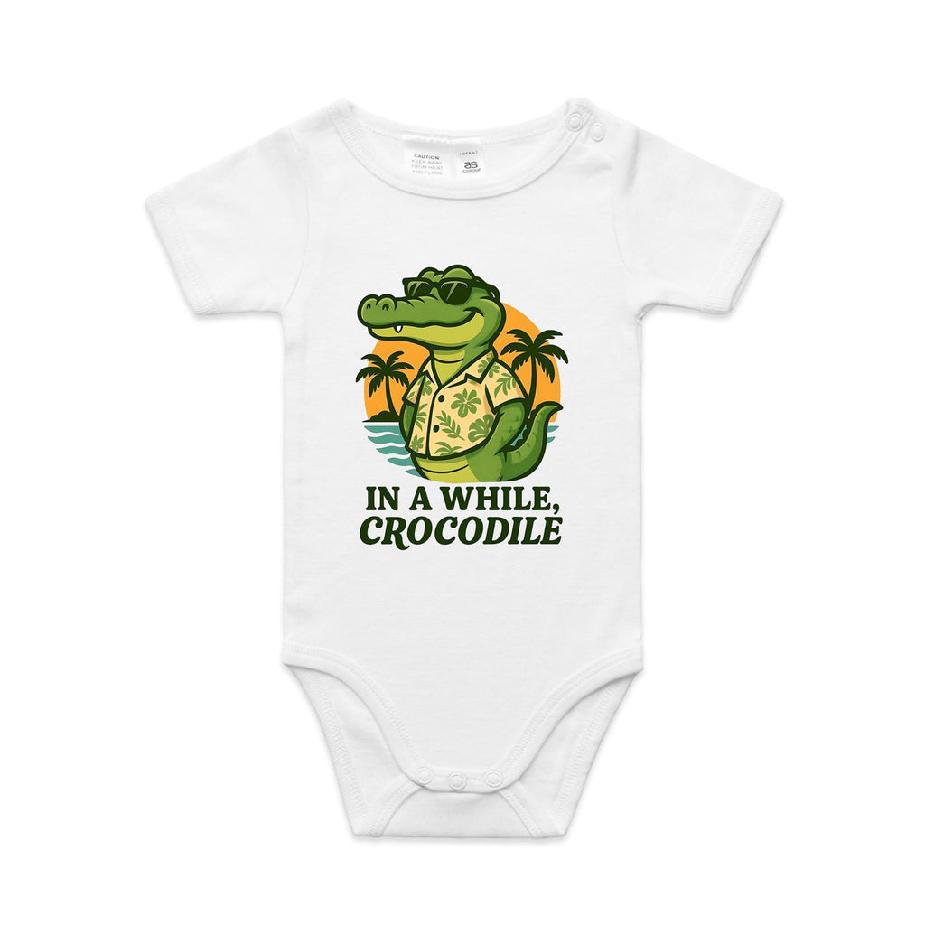 In A While, Crocodile AS Colour Baby Bodysuit White Baby Bodysuit animal Printed In Australia