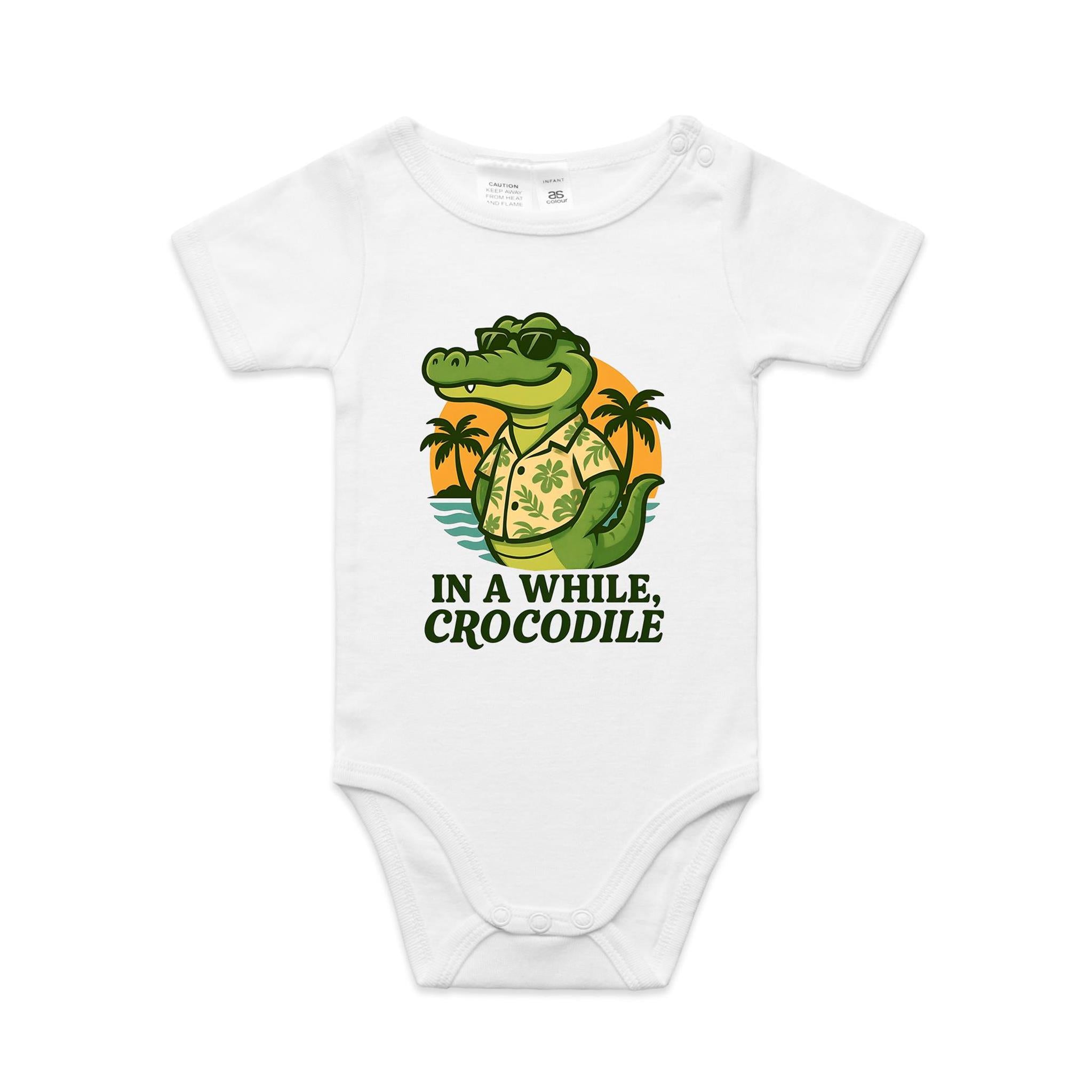 In A While, Crocodile - AS Colour Baby Bodysuit White Baby Bodysuit animal Printed In Australia