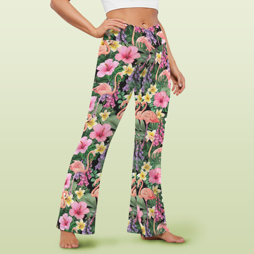 Flamingo Jungle High Waist Crossover Tummy Control Flare Leggings High Waist Flare Leggings animal Printed Offshore