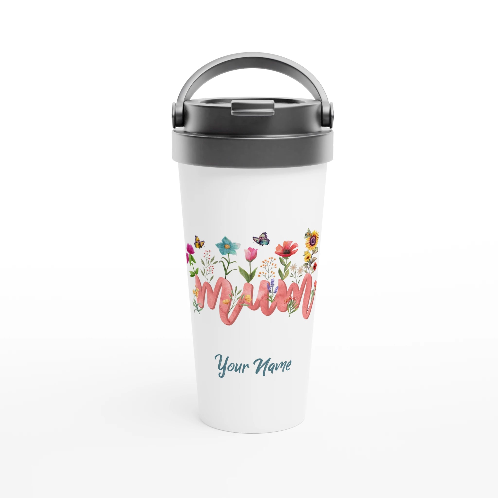 Personalised - Mum With Flowers And Butterflies - White 15oz Stainless Steel Travel Mug Default Title Personalised Travel Mug Globally Fulfilled Mum