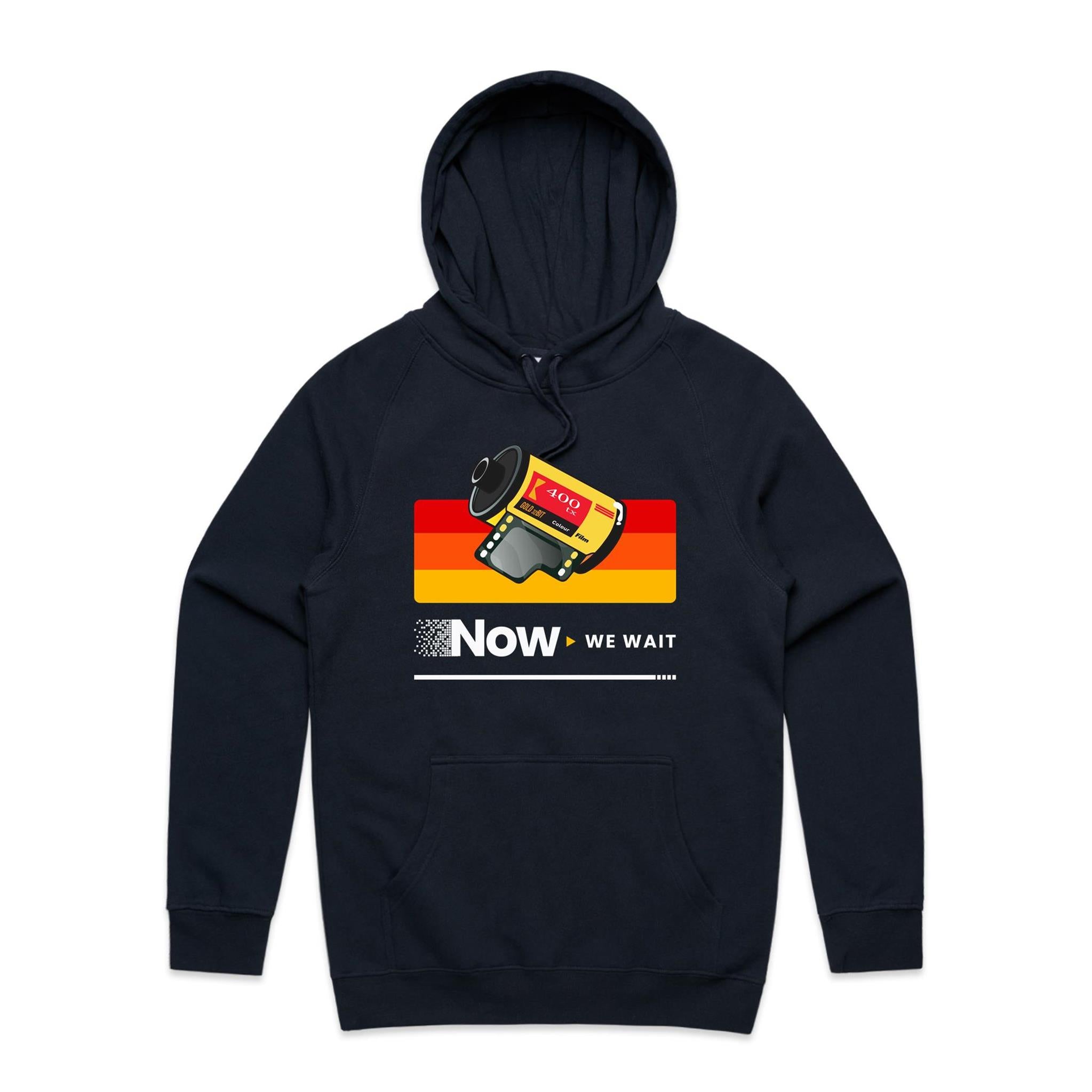 Camera Film, Now We Wait Men's AS Colour Hoodie Navy Mens Hoodie Printed In Australia Retro