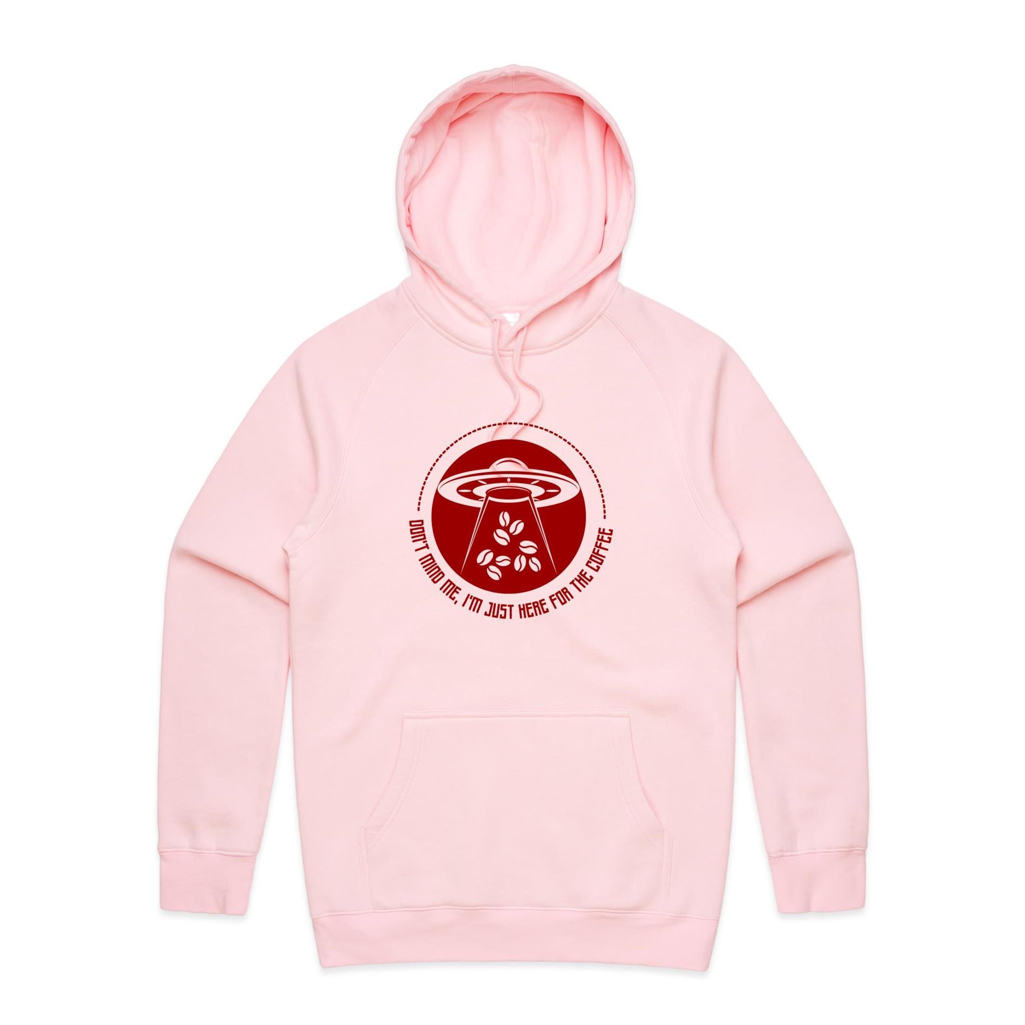 UFO, I'm Just Here For The Coffee - Mens Hoodie Pink Mens Hoodie Coffee Printed In Australia Sci Fi