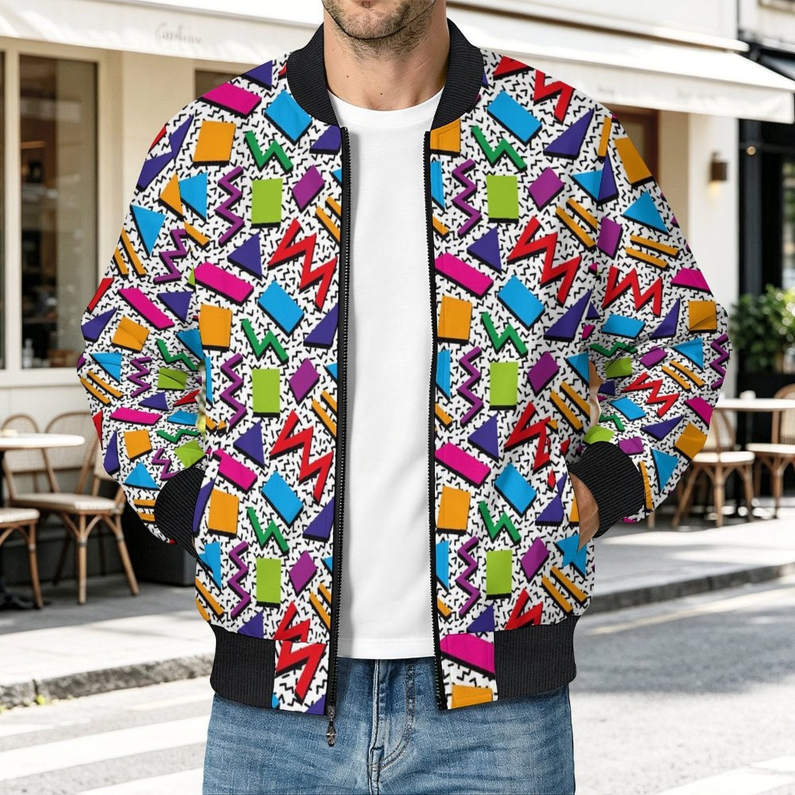 Graphic 80's Men's Casual Zip‑Up Bomber Jacket