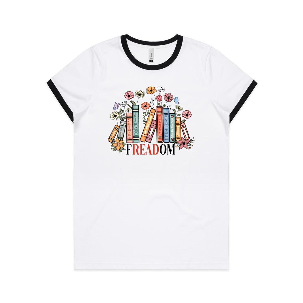 Freedom, Reading Books - Women's Ringer Tee White Black Womens Ringer T-shirt Printed In Australia Reading