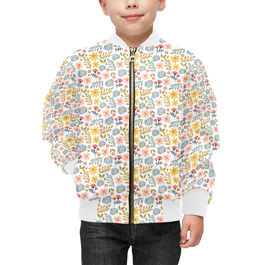 Boho Flowers And Leaves Kids Bomber Jacket Kids Bomber Jacket Plants Printed Offshore