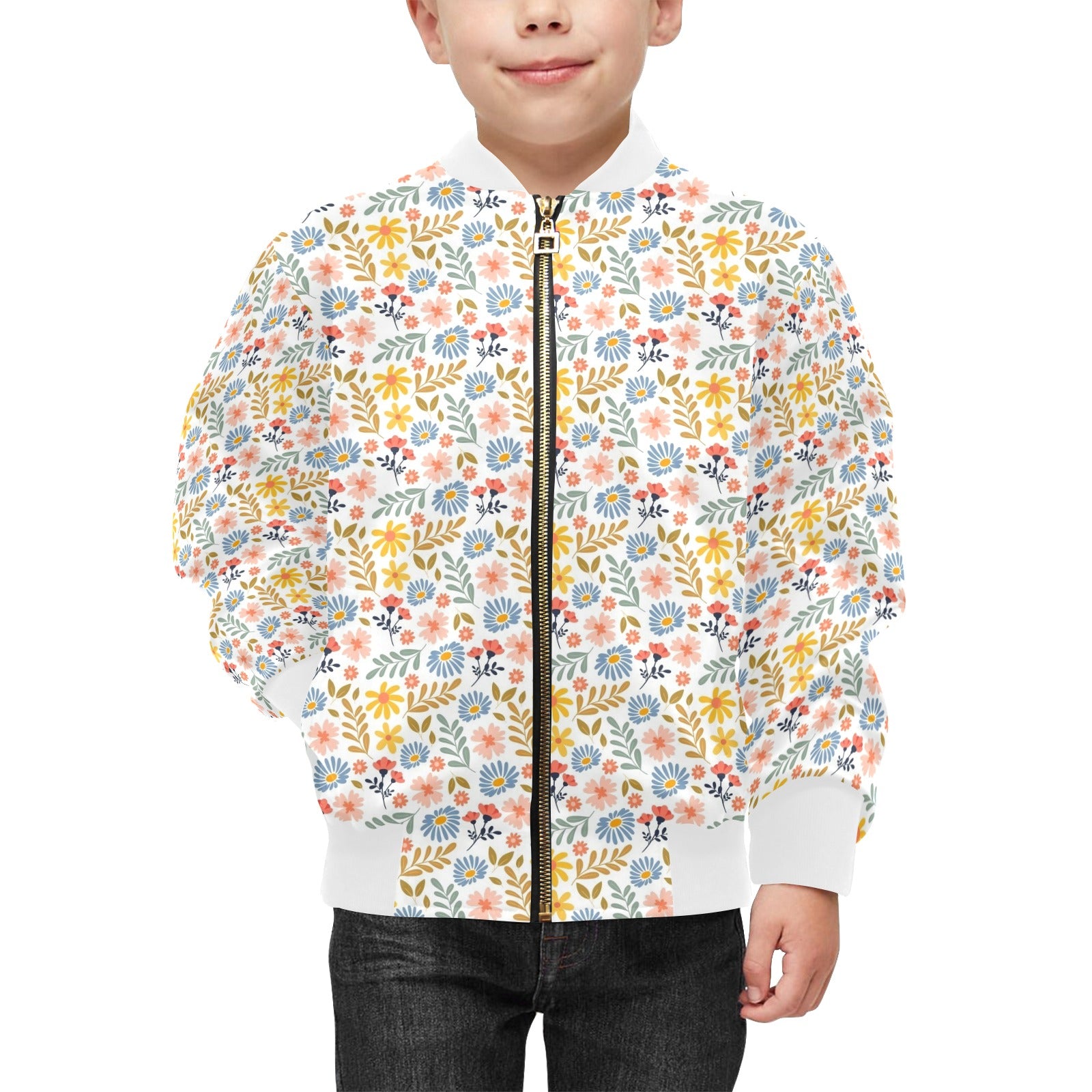 Boho Flowers And Leaves Kids Bomber Jacket Kids Bomber Jacket Plants Printed Offshore
