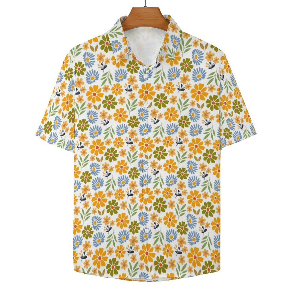 Retro Boho Flower Women's Collared Pocketless Short Sleeve Shirt