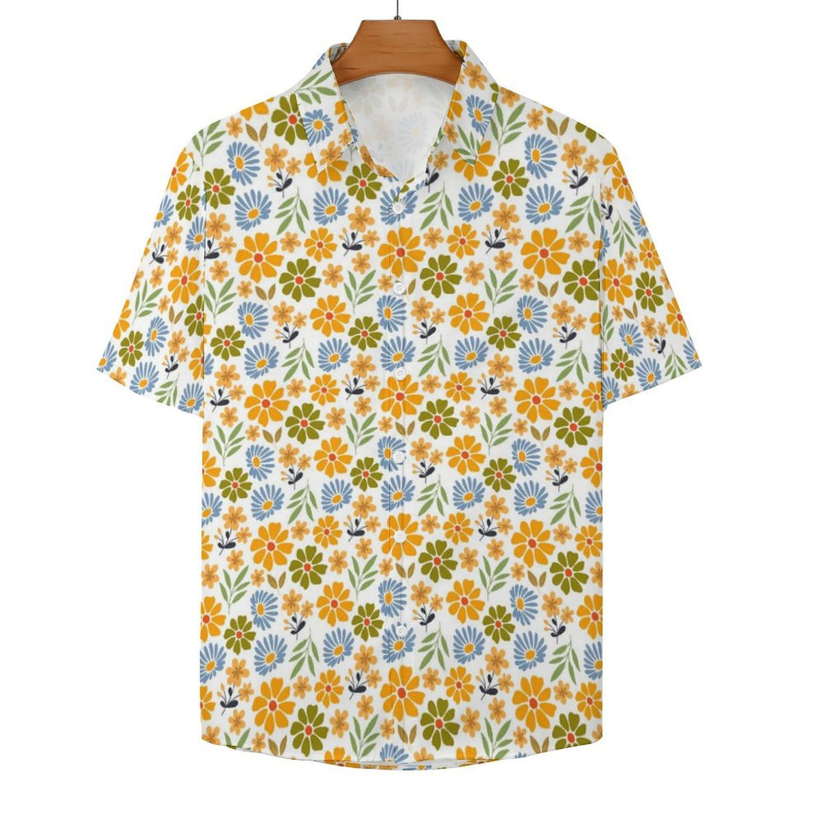 Retro Boho Flower Women's Collared Pocketless Short Sleeve Shirt