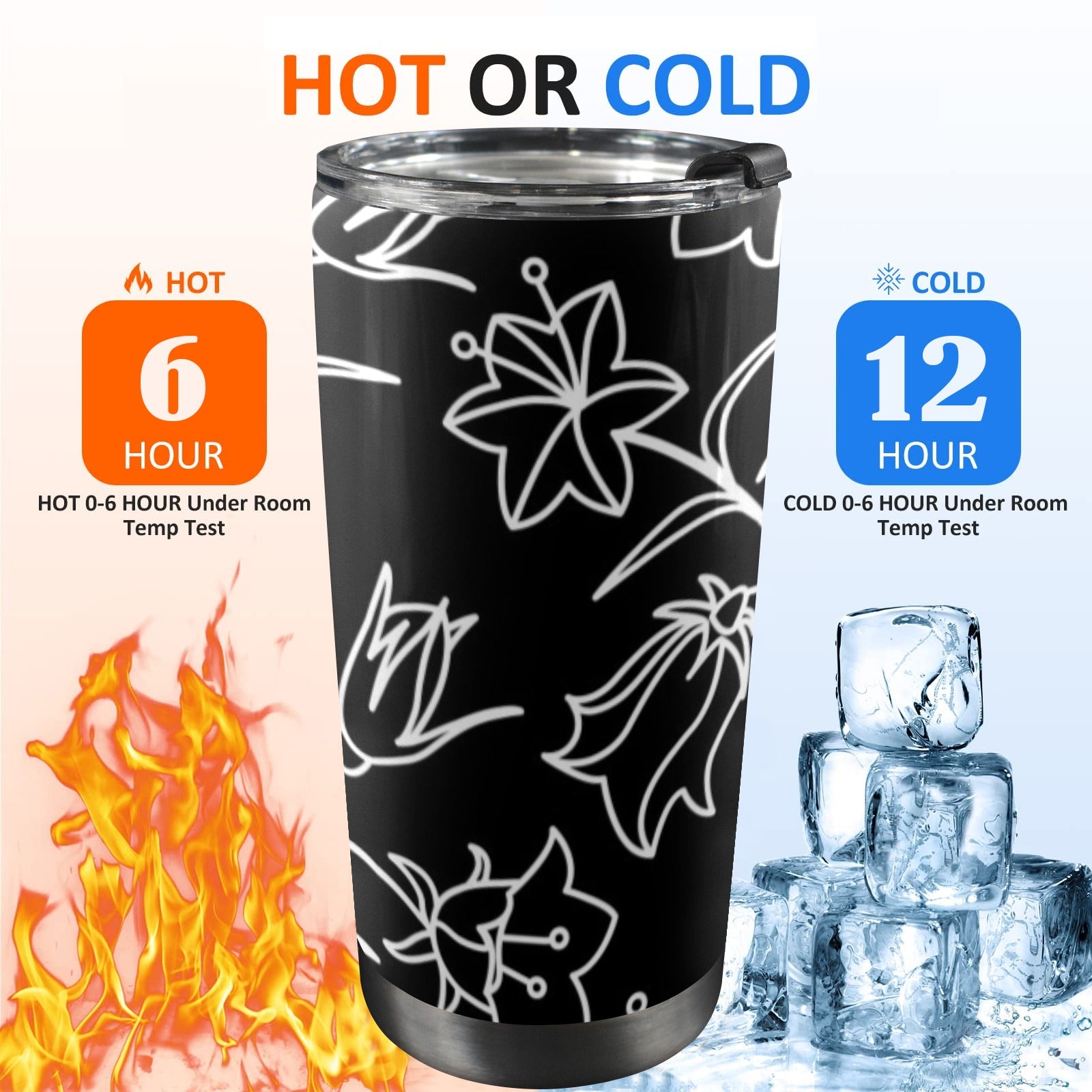 Black And White Floral - 20oz Mobile Tumbler with Lid (Black Lock) 20oz Travel Mug Plants Printed Offshore