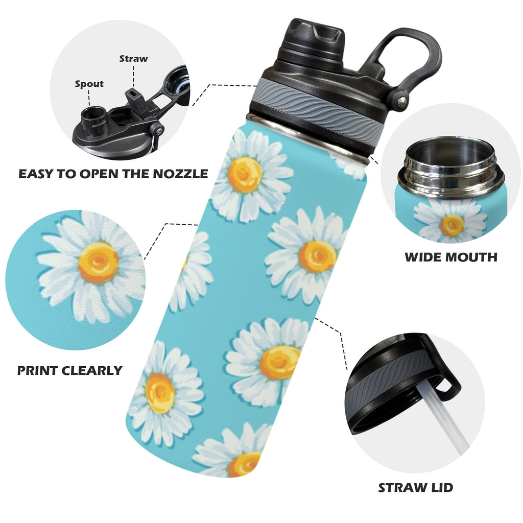Daisies On Blue - Insulated Water Bottle with Dual-Use Lid (18oz) Insulated Water Bottle with Dual-Use Lid (18oz) Plants Printed Offshore