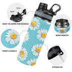 Daisies On Blue - Insulated Water Bottle with Dual-Use Lid (18oz) Insulated Water Bottle with Dual-Use Lid (18oz) Plants Printed Offshore