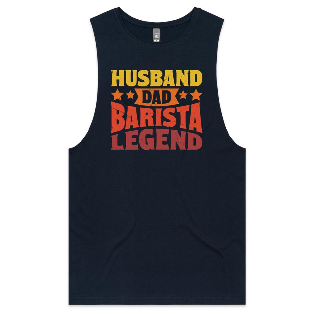 Husband, Dad, Barista, Legend Men's AS Colour Tank Top Navy Drop Arm Tank Top Coffee Dad Printed In Australia