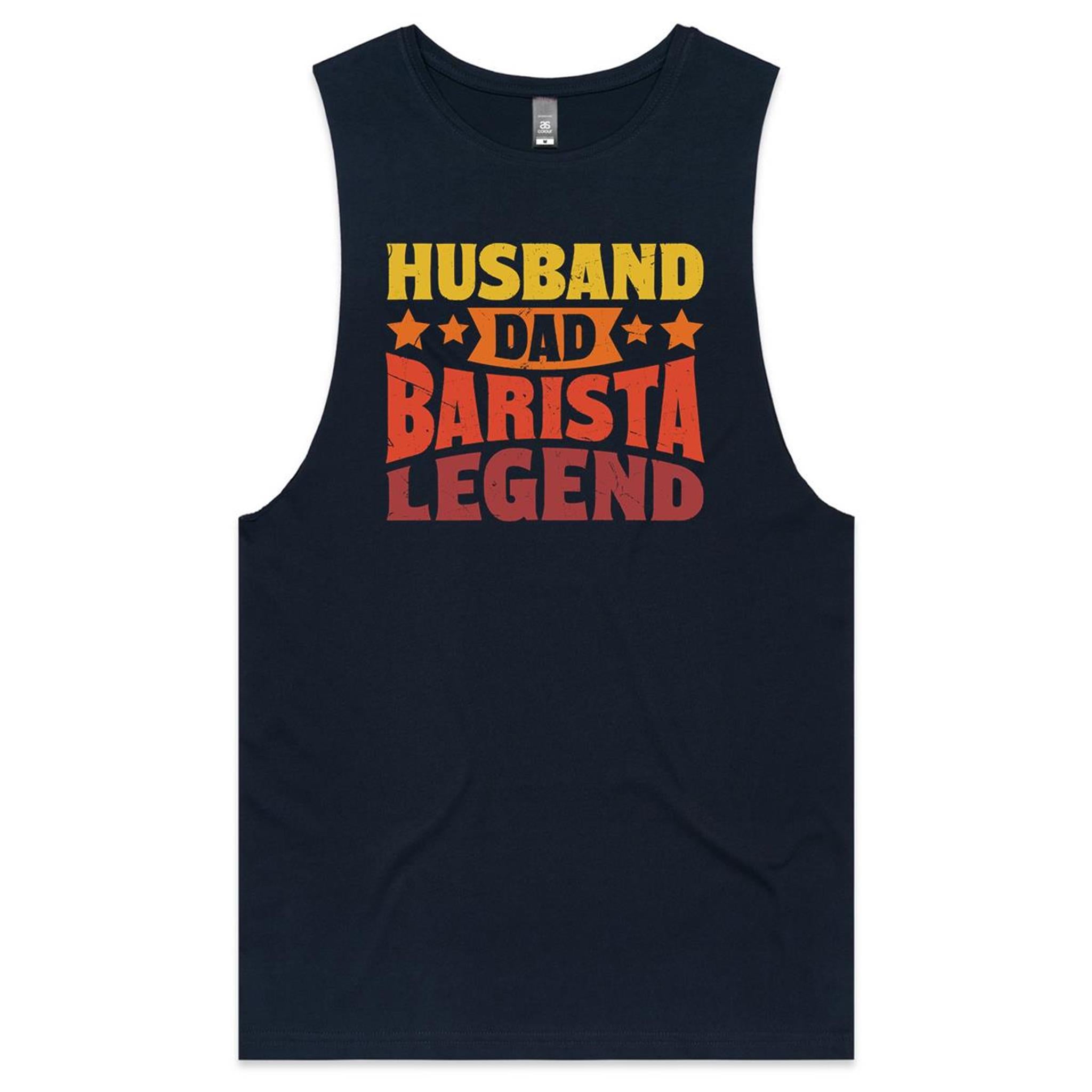 Husband, Dad, Barista, Legend Men's AS Colour Tank Top Navy Drop Arm Tank Top Coffee Dad Printed In Australia