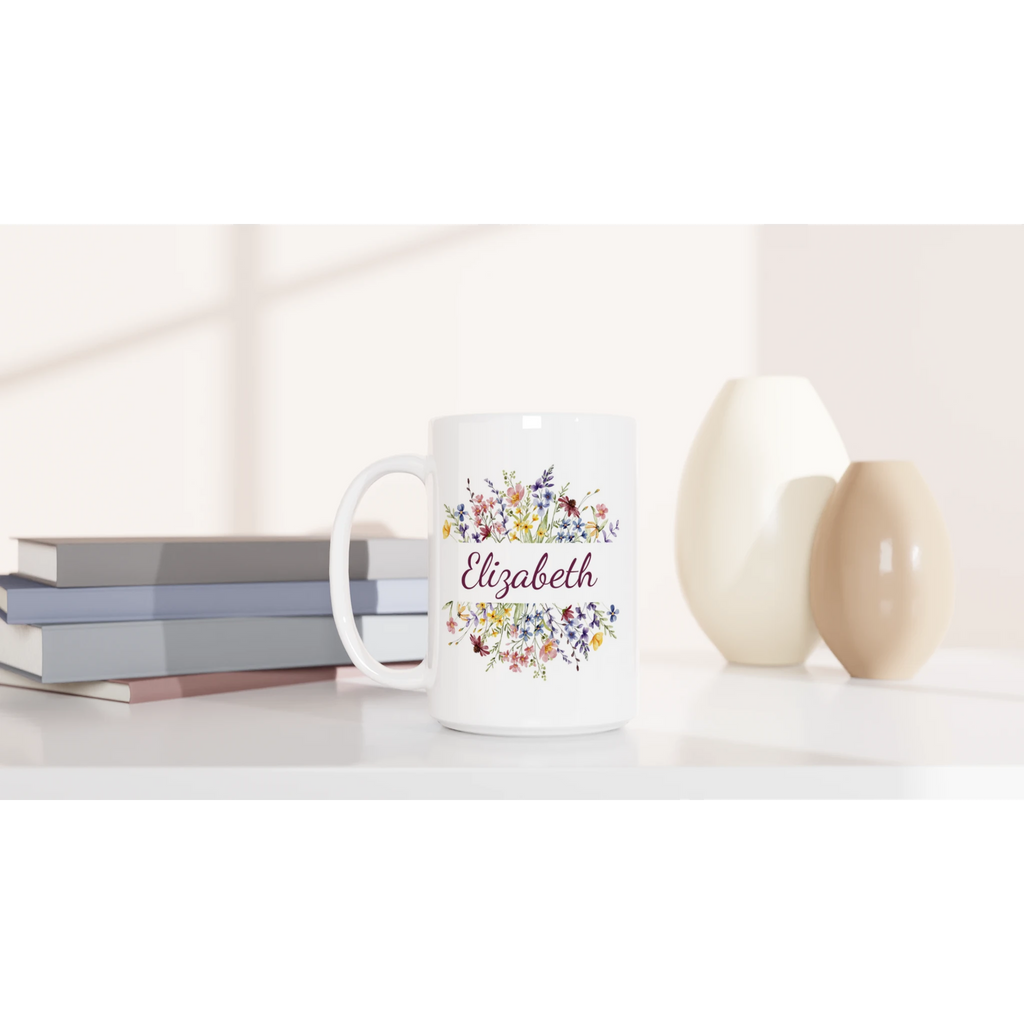 Personalise - Flower Frame Name - White 15oz Ceramic Mug Personalised 15oz Mug customise Globally Fulfilled Name personalise Plants