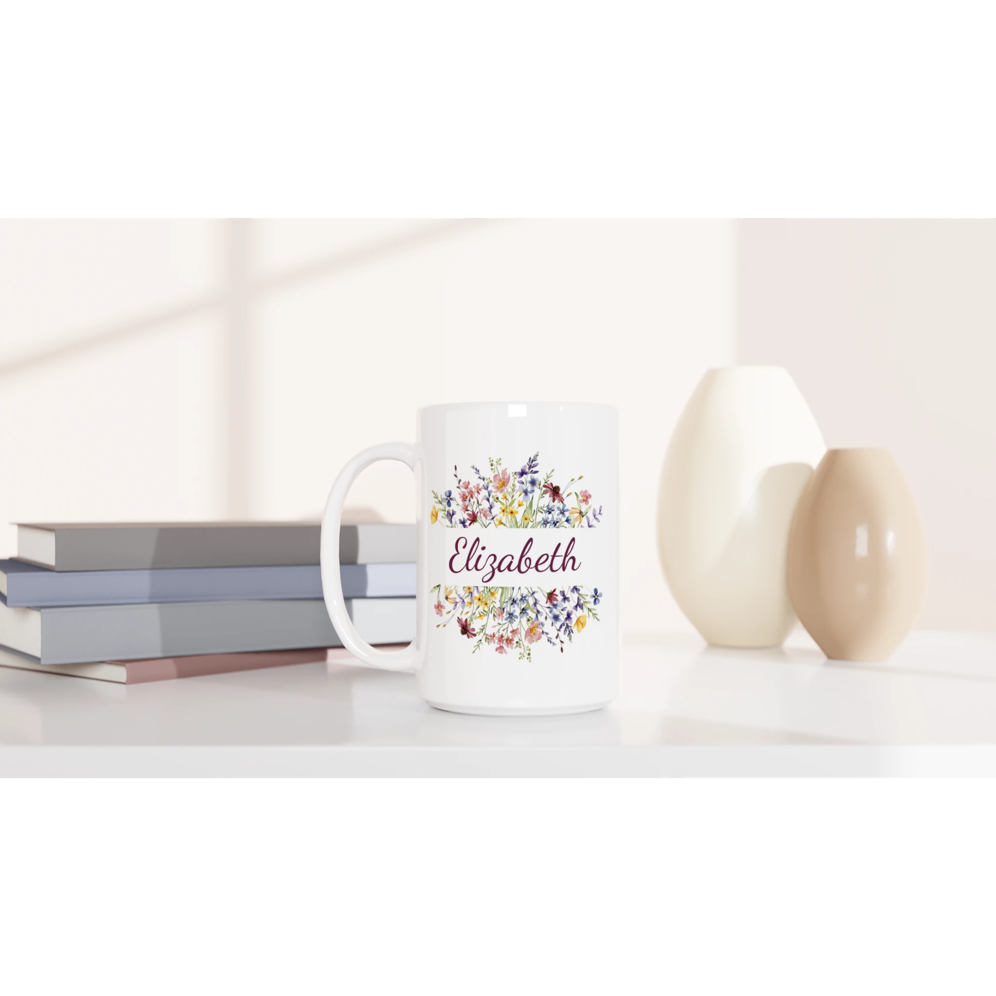 Personalise - Flower Frame Name - White 15oz Ceramic Mug Personalised 15oz Mug customise Globally Fulfilled Name personalise Plants