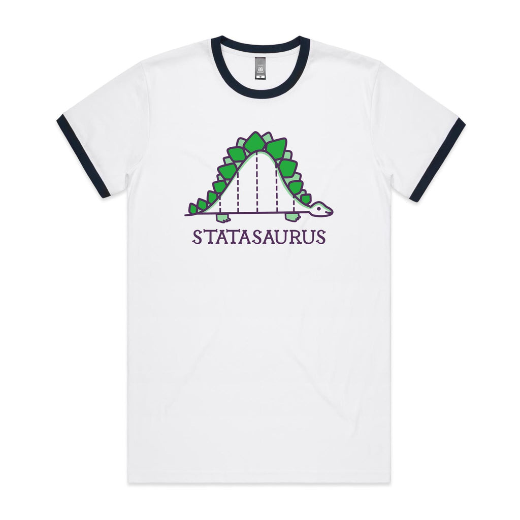 Statasuaurus, Maths Dinosaur - Staple Ringer Tee White Navy Ringer T-Shirt animal Maths Printed In Australia
