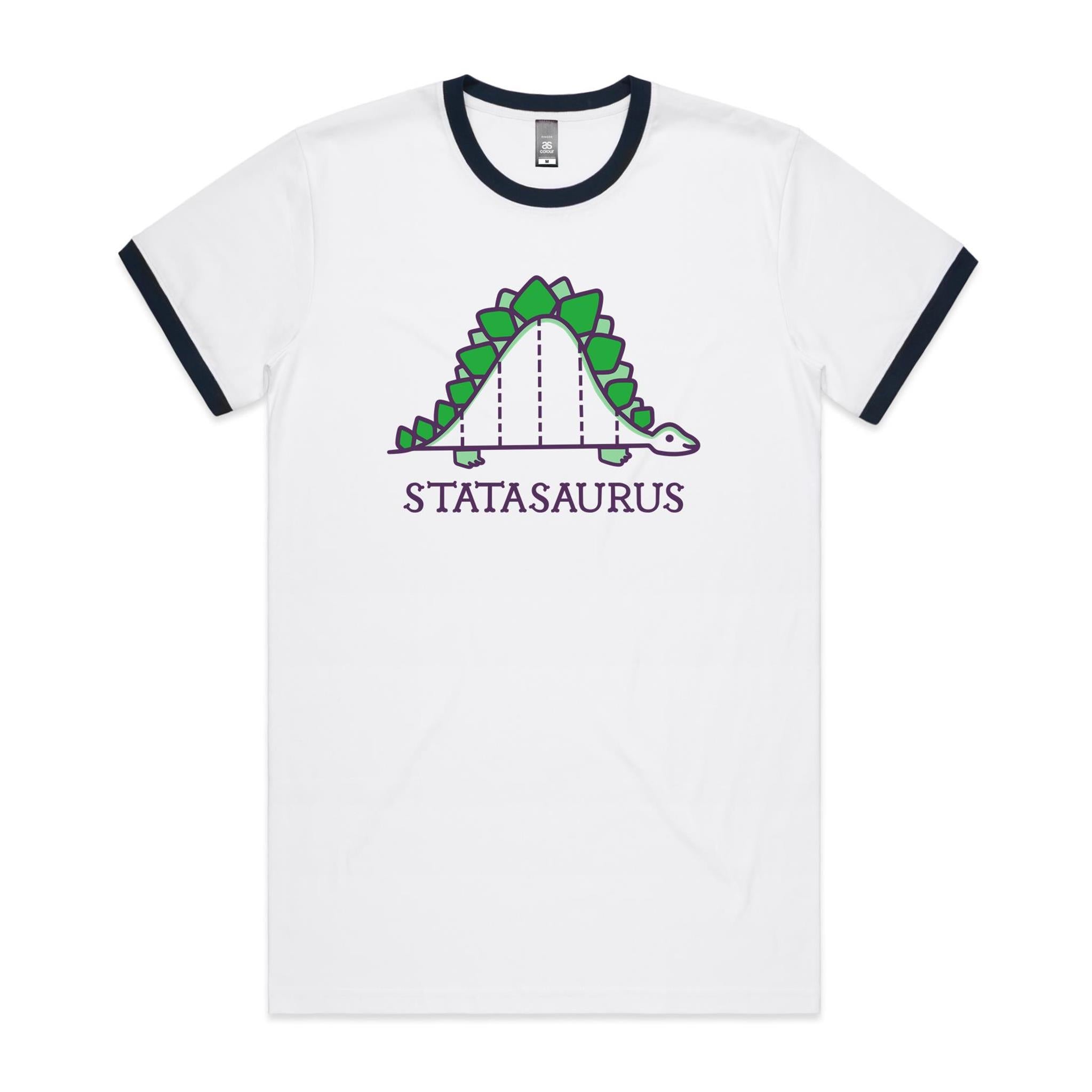Statasuaurus, Maths Dinosaur - Staple Ringer Tee White Navy Ringer T-Shirt animal Maths Printed In Australia