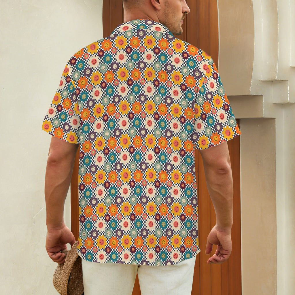 Happy Retro Flowers Men's Short Sleeve Hawaiian Shirt Men's Hawaiian Shirt (New) Printed Offshore Retro