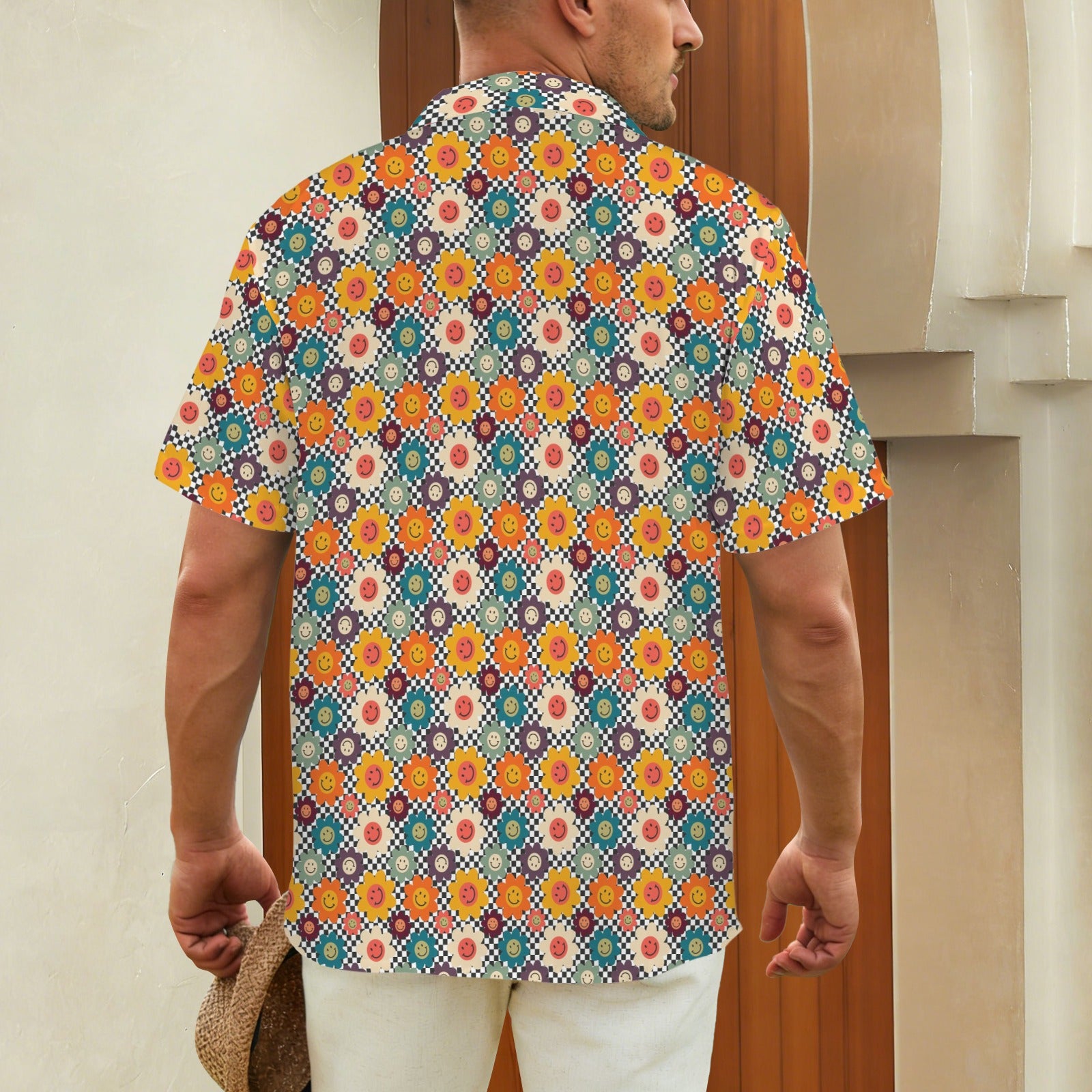 Happy Retro Flowers Men's Short Sleeve Hawaiian Shirt Men's Hawaiian Shirt (New) Printed Offshore Retro