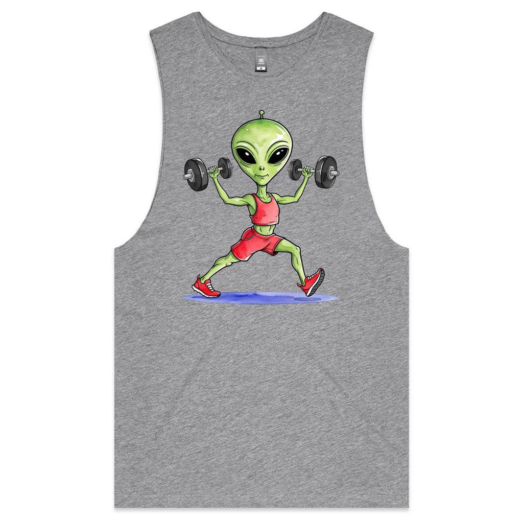 Alien Dumbells - Tank Top Tee Grey Marle Drop Arm Tank Top Fitness Printed In Australia