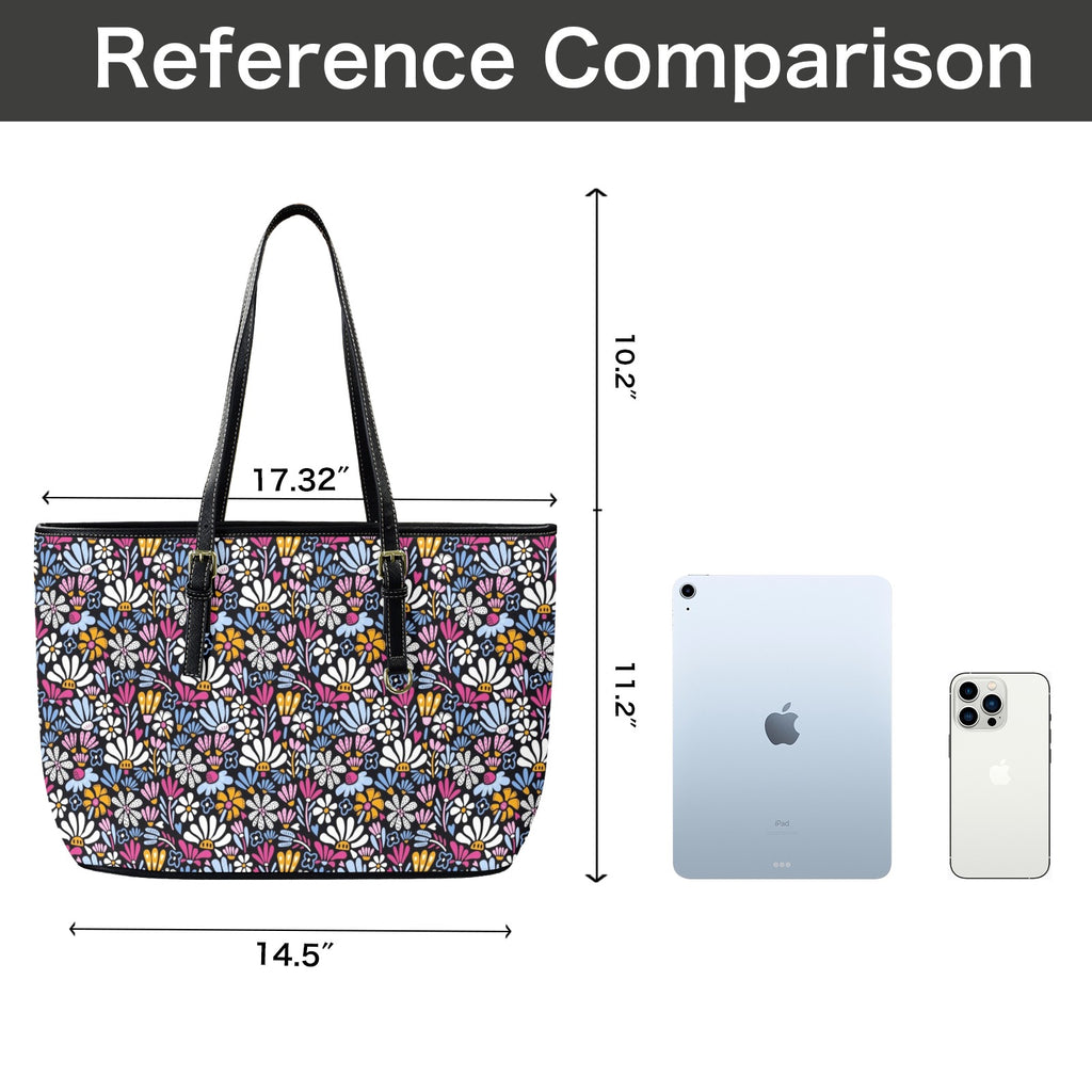Graphic Flowers On Black PU Leather Tote Bag Large Leather Tote Bag-Large Plants Printed Offshore