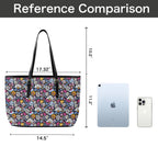 Graphic Flowers On Black PU Leather Tote Bag Large Leather Tote Bag-Large Plants Printed Offshore