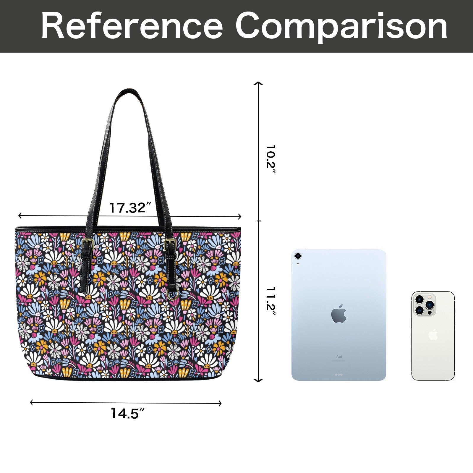 Graphic Flowers On Black - PU Leather Tote Bag - Large