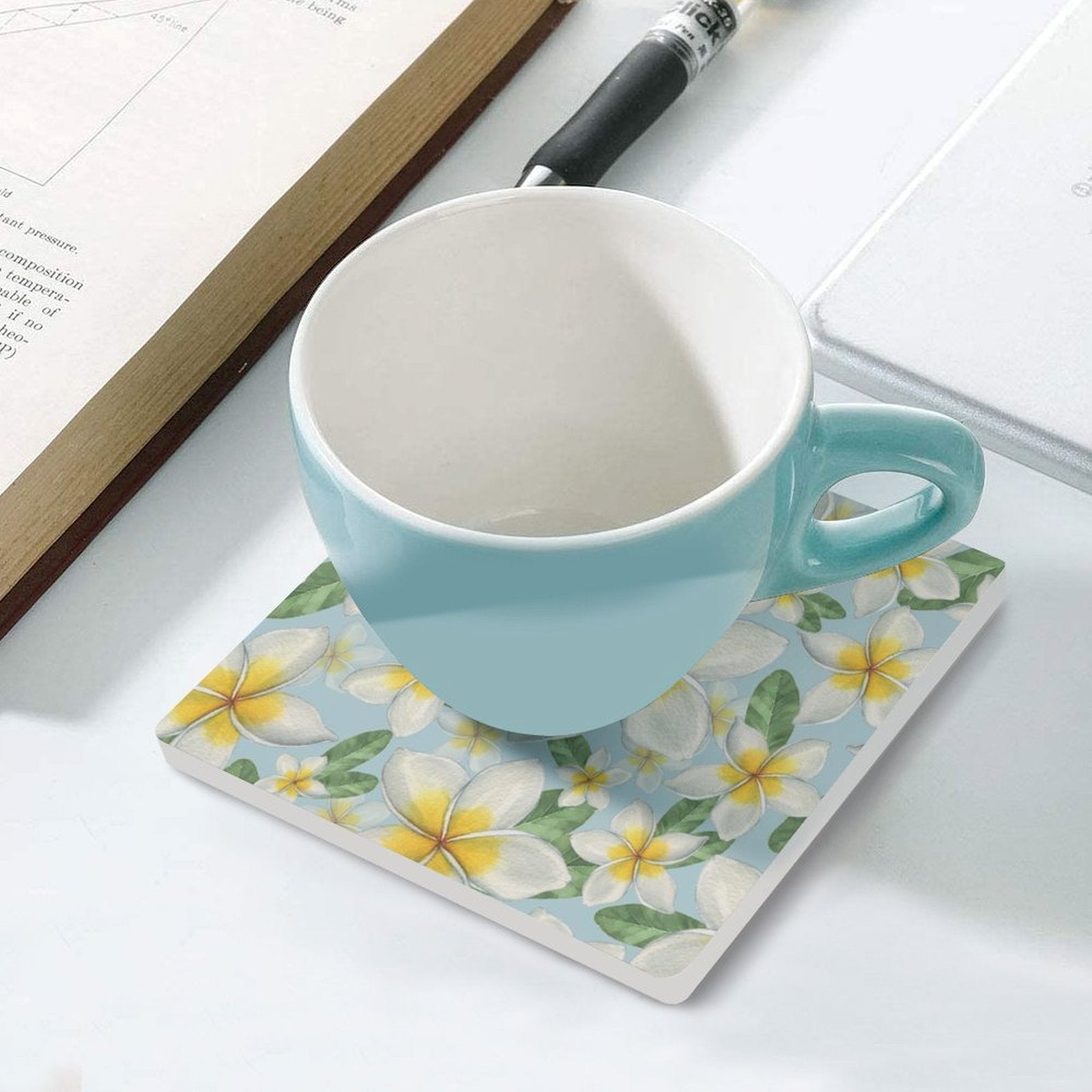 Delicate Frangipani Ceramic Coasters (Square) Ceramic Coasters Plants Printed Offshore