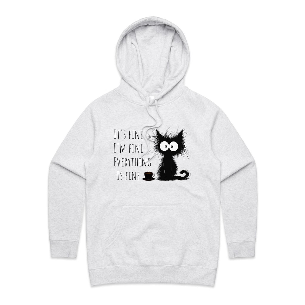 Frazzled Cat, It's Fine, I'm Fine, Everything Is Fine - Womens Hoodie White Marle Womens Hoodie animal Printed In Australia