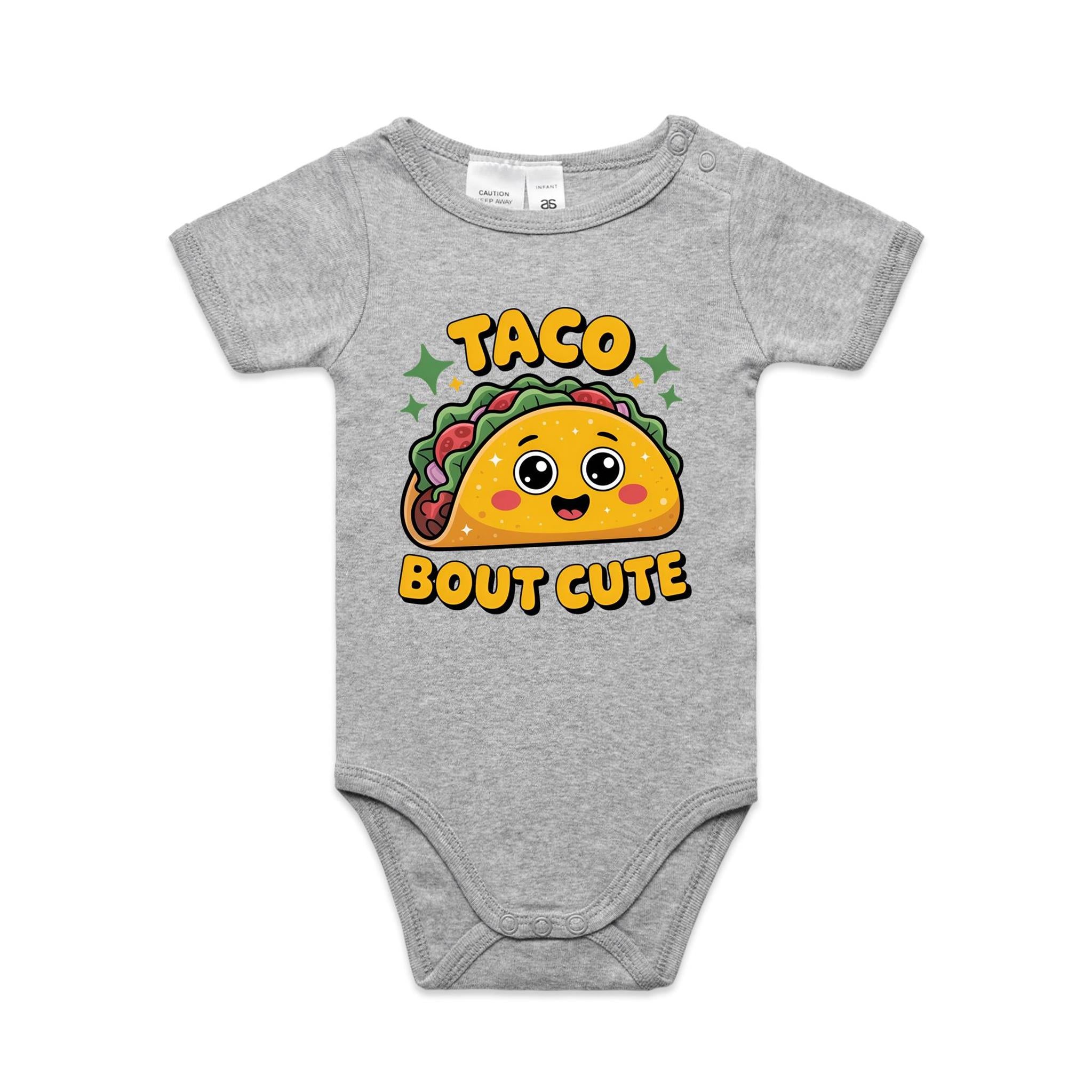 Taco Bout Cute AS Colour Baby Bodysuit Grey Marle Baby Bodysuit Food Printed In Australia