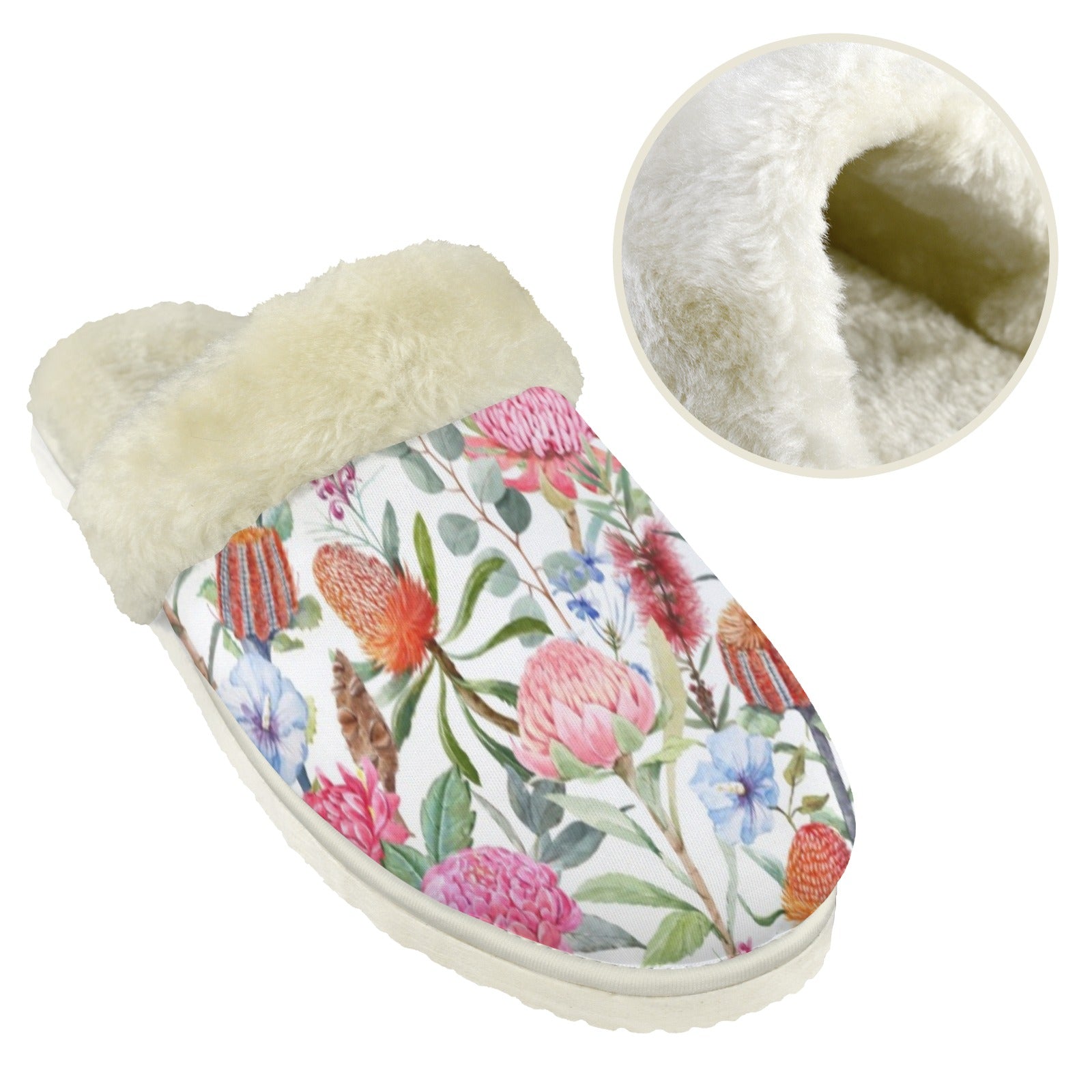 Australian Flowers Women's Fur Trim Thick-Sole Indoor Slippers Women's Fur Trimmed Slippers Plants Printed Offshore