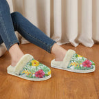 Tropical Flowers On White Women's Fur Trim Thick-Sole Indoor Slippers Women's Fur Trimmed Slippers Plants Printed Offshore
