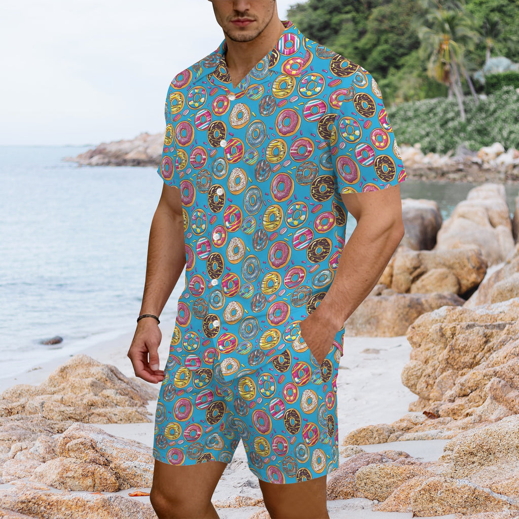 Doughnuts On Blue Men's Hawaiian Shirt & Shorts Set Men's Hawaiian Shirt & Shorts Set Food Printed Offshore