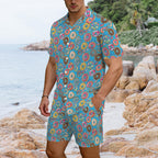 Doughnuts On Blue Men's Hawaiian Shirt & Shorts Set Men's Hawaiian Shirt & Shorts Set Food Printed Offshore