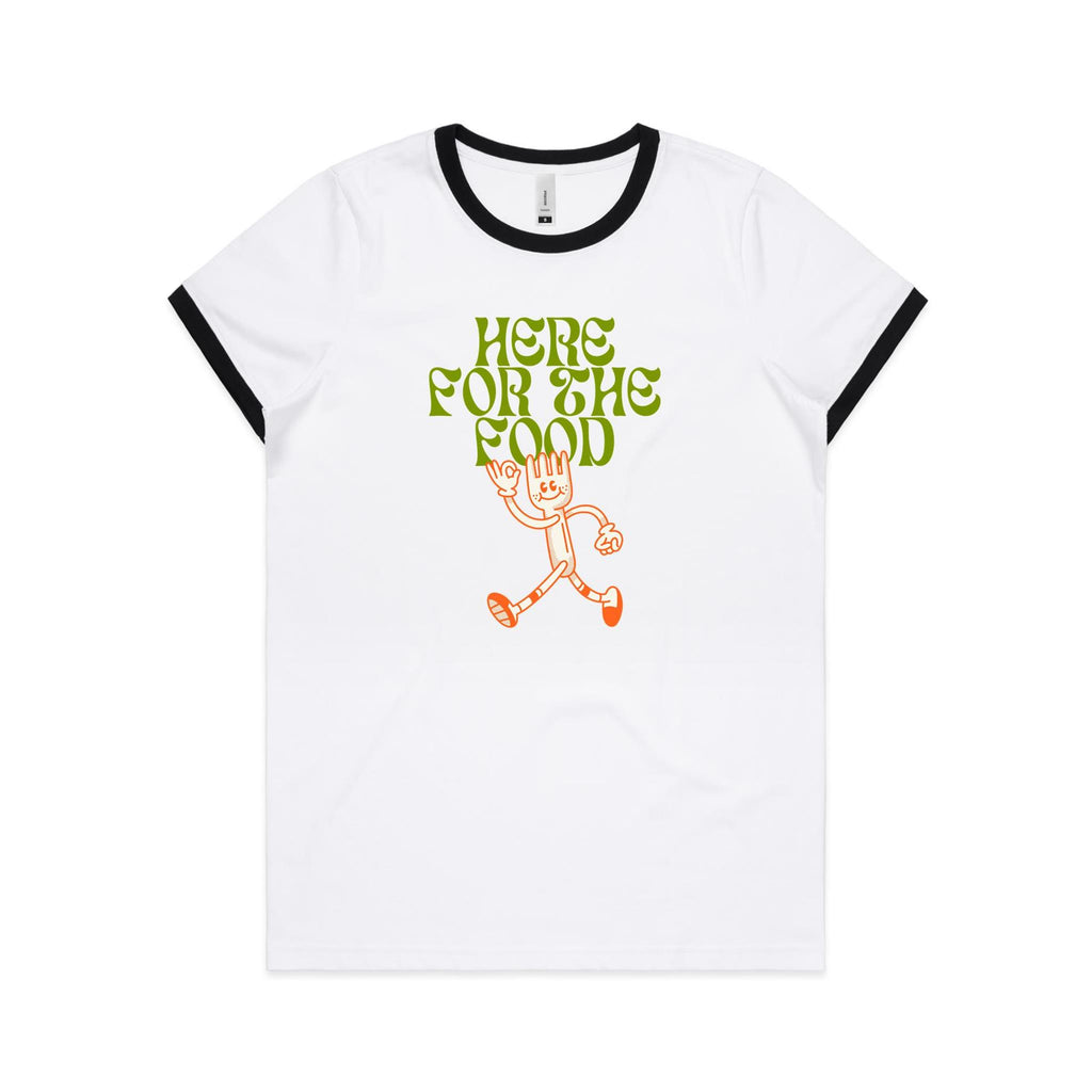 Here For The Food - Women's Ringer Tee White Black Womens Ringer T-shirt Food Printed In Australia