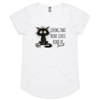 Living That Nine Lives Kind Of Tired, Frazzled Cat Women's AS Colour Scoop Neck T-Shirt White Womens Scoop Neck T-shirt animal Coffee Printed In Australia