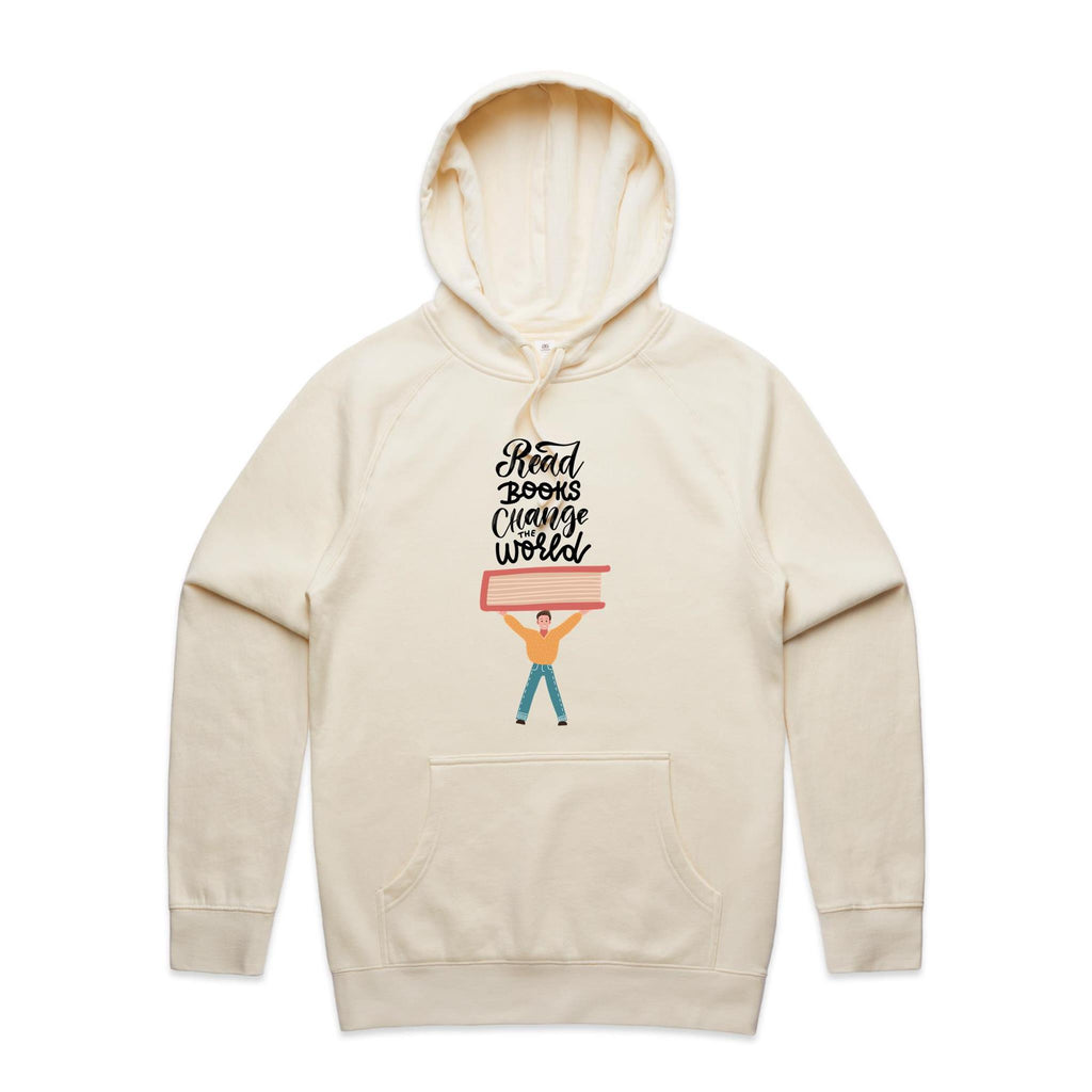 Read Books, Change The World - Mens Hoodie Ecru Mens Hoodie Printed In Australia Reading