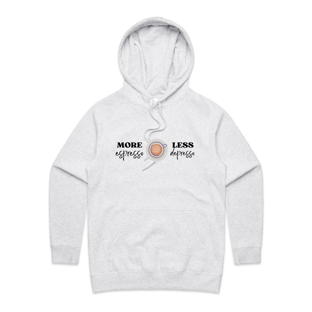 More Espresso, Less Depresso - Womens Hoodie White Marle Womens Hoodie Coffee Printed In Australia