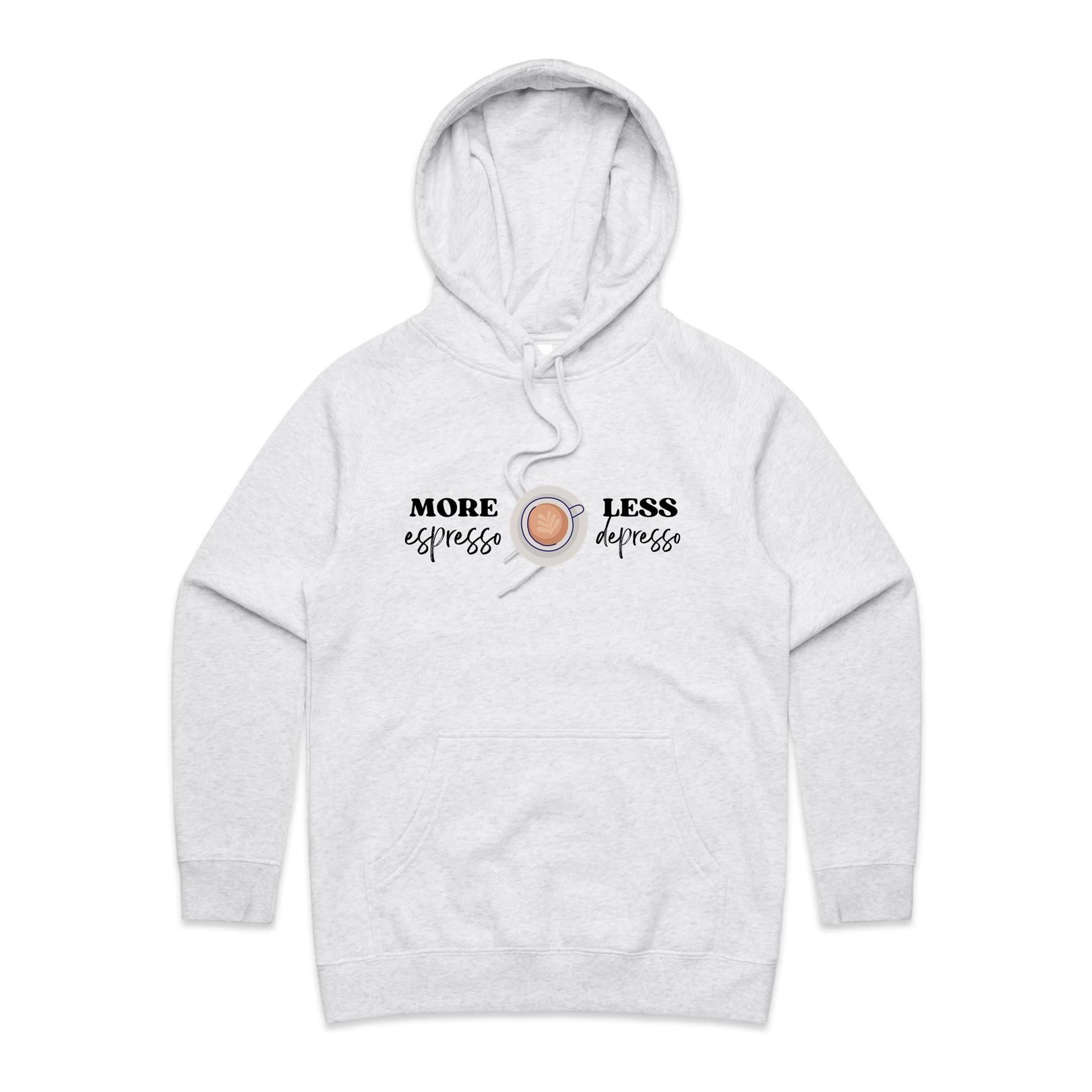 More Espresso, Less Depresso - Womens Hoodie White Marle Womens Hoodie Coffee Printed In Australia
