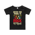 Never Too Young To Rock N Roll AS Colour Baby T-shirt Black Baby T-shirt Music Printed In Australia