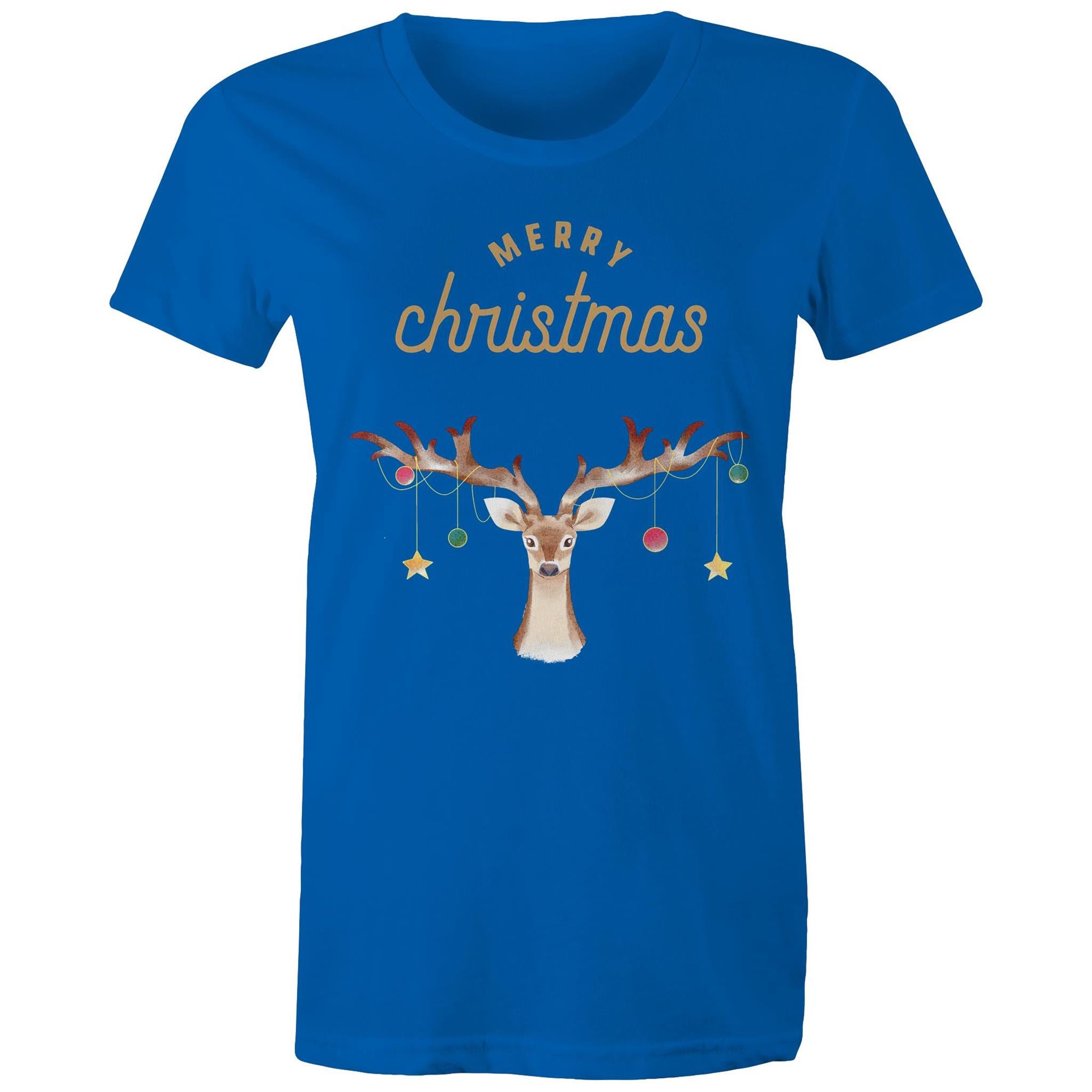Merry Christmas Reindeer - Womens T-shirt Bright Royal Womens Christmas T-shirt Christmas Printed In Australia