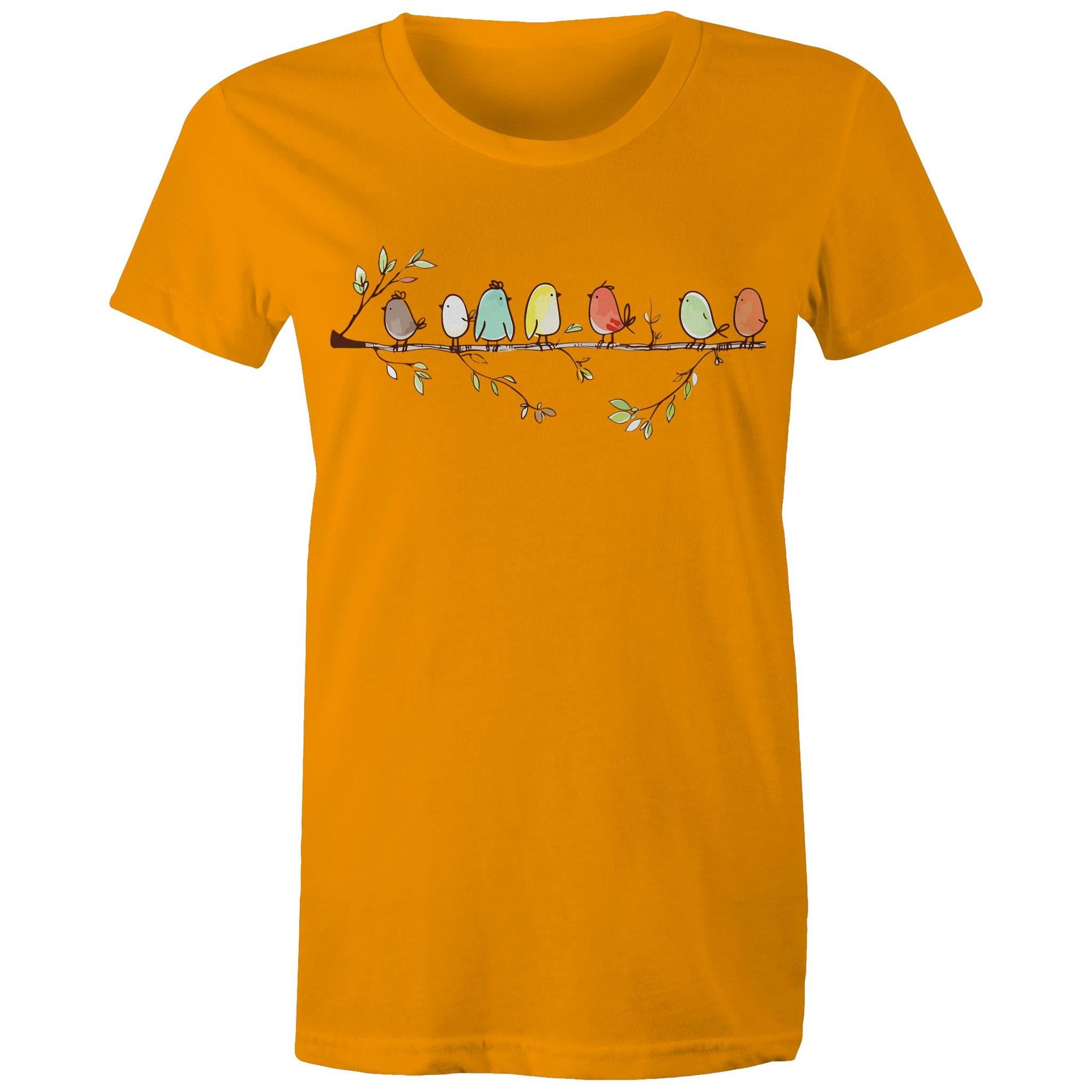 Birds On A Branch - Womens T-shirt Orange Womens T-shirt animal Printed In Australia
