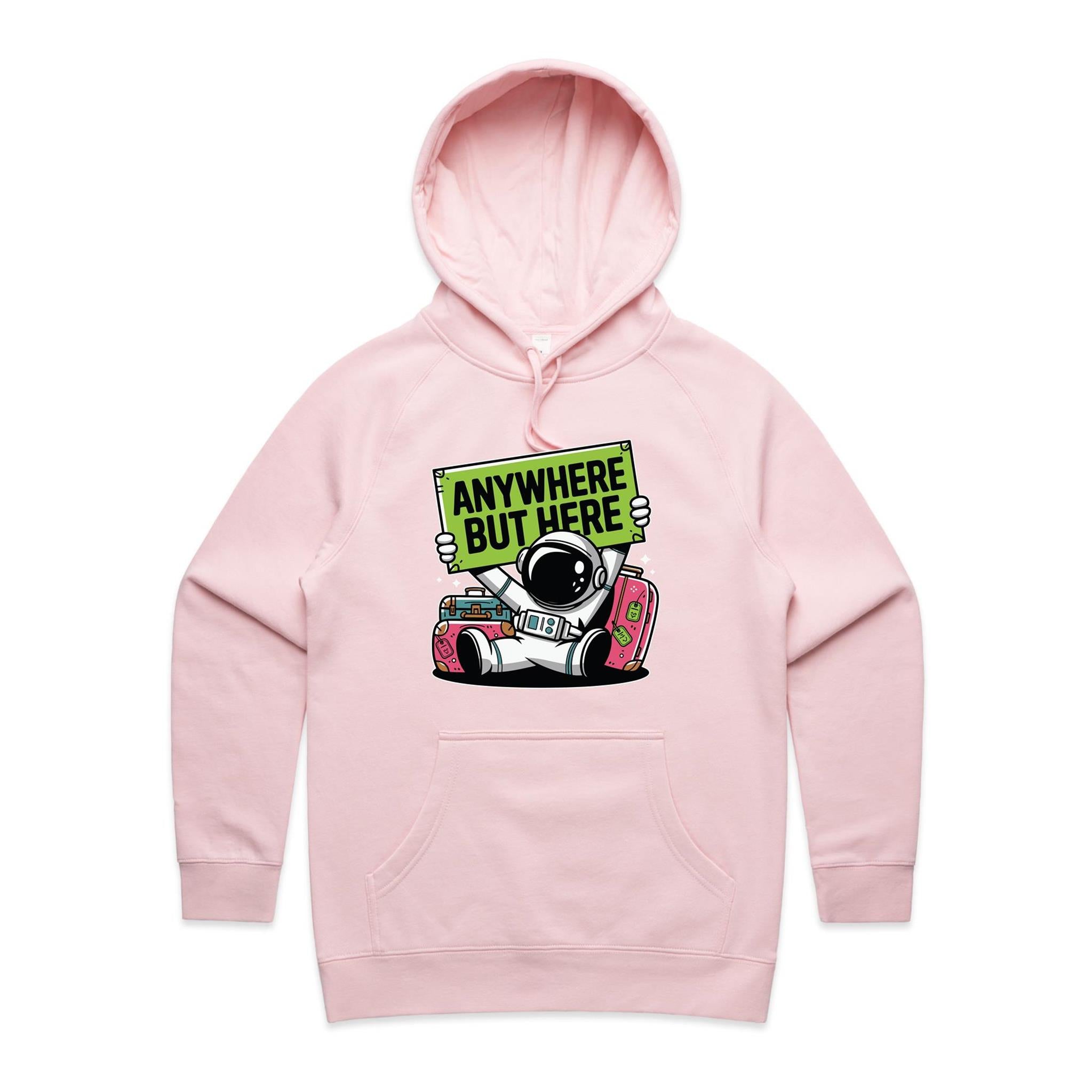 Astronaut, Anywhere But Here - Womens Hoodie Pink Womens Hoodie Printed In Australia Space