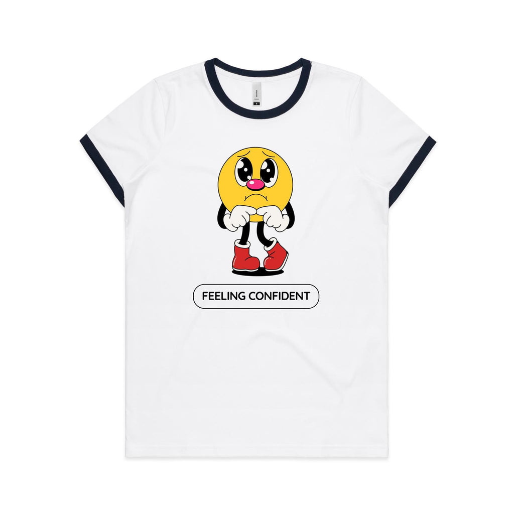 Feeling Confident - Women's Ringer Tee White Navy Womens Ringer T-shirt Printed In Australia