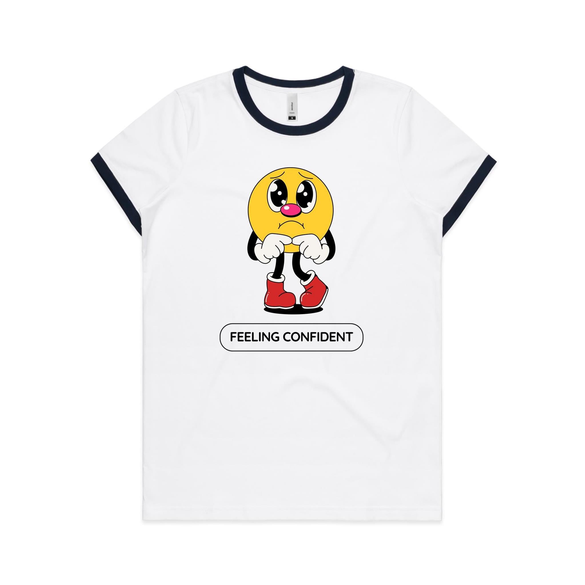 Feeling Confident - Women's Ringer Tee White Navy Womens Ringer T-shirt Printed In Australia