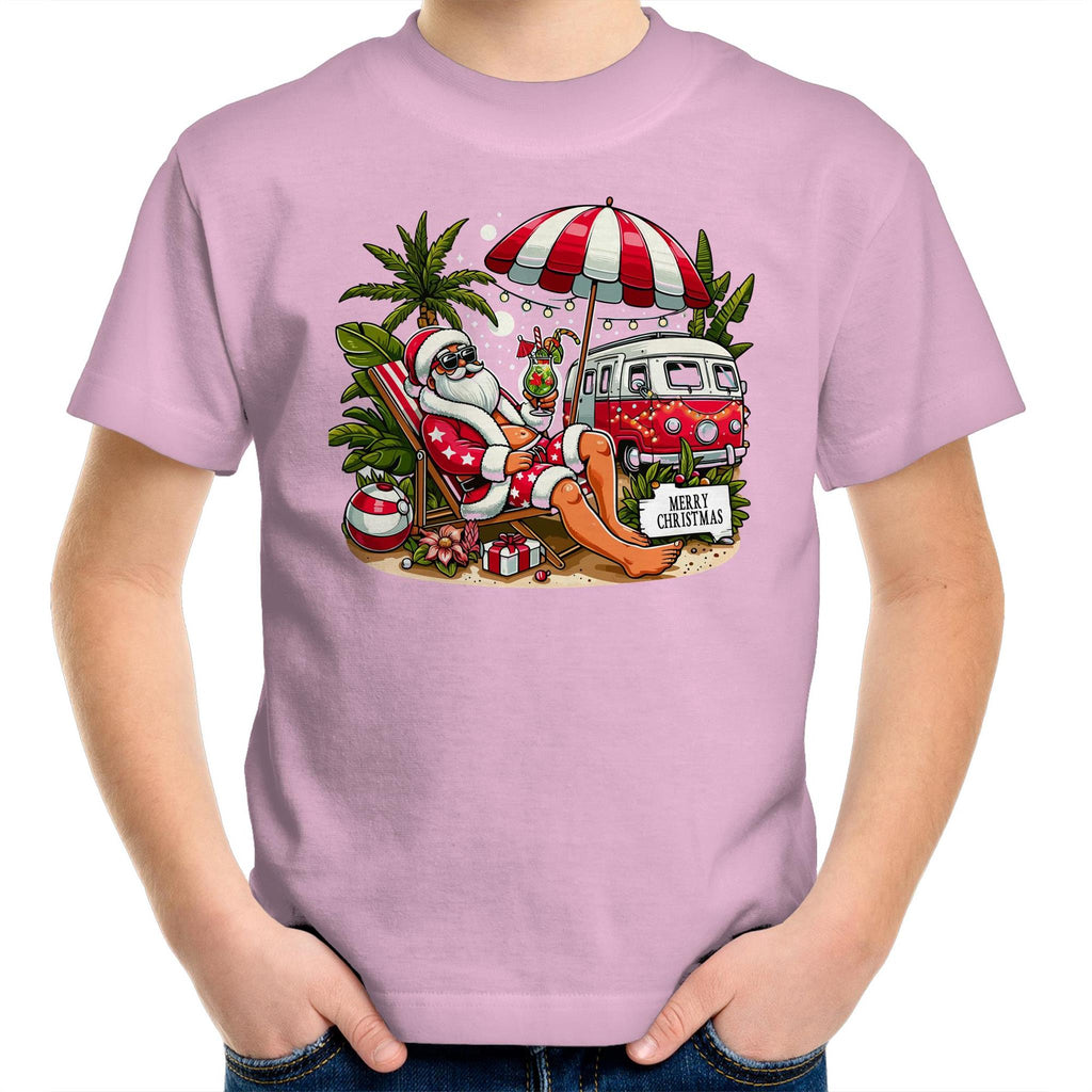 Santa By The Beach- Kids Youth T-shirt Pink Kids Christmas T-shirt Christmas Printed In Australia