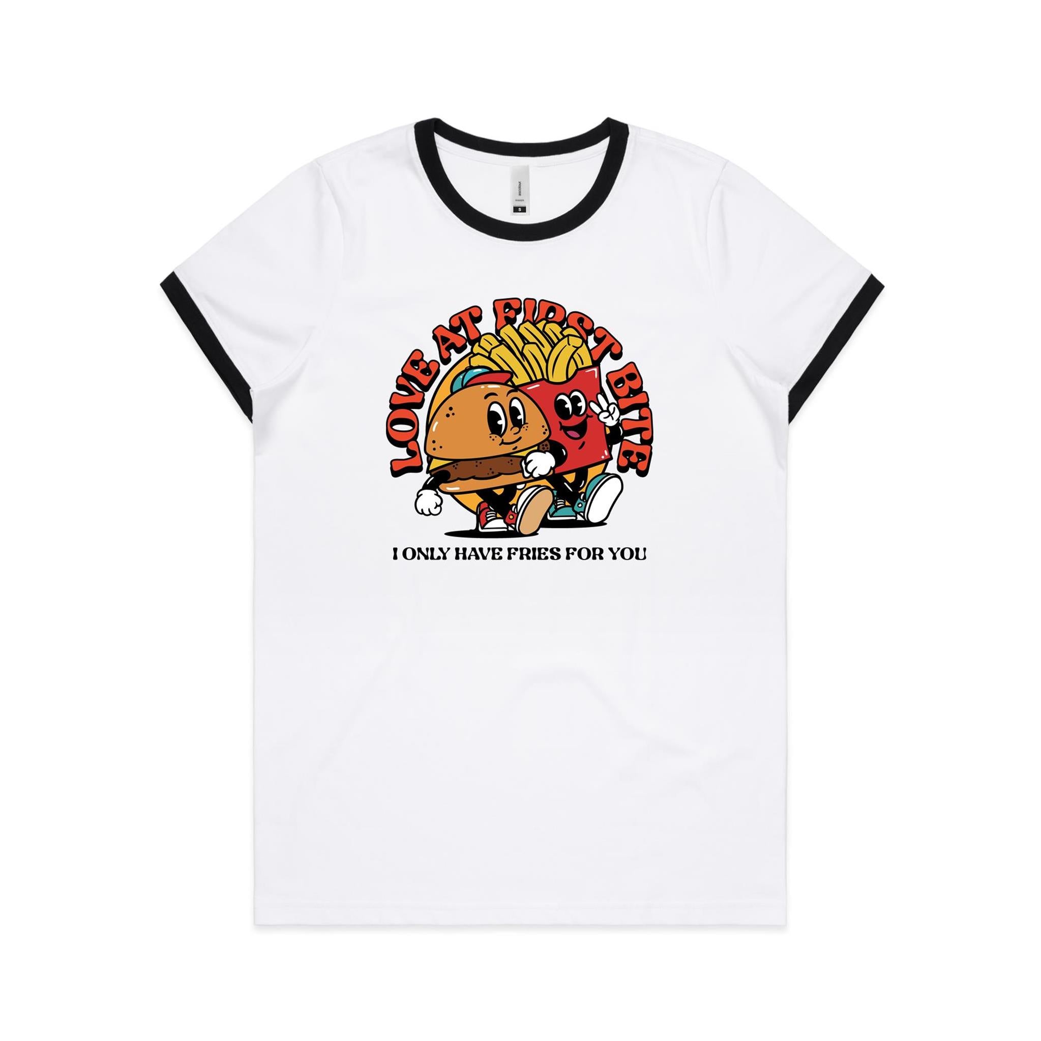 Love At First Bite, Hamburger And Fries - Women's Ringer Tee White Black Womens Ringer T-shirt Food Love Printed In Australia